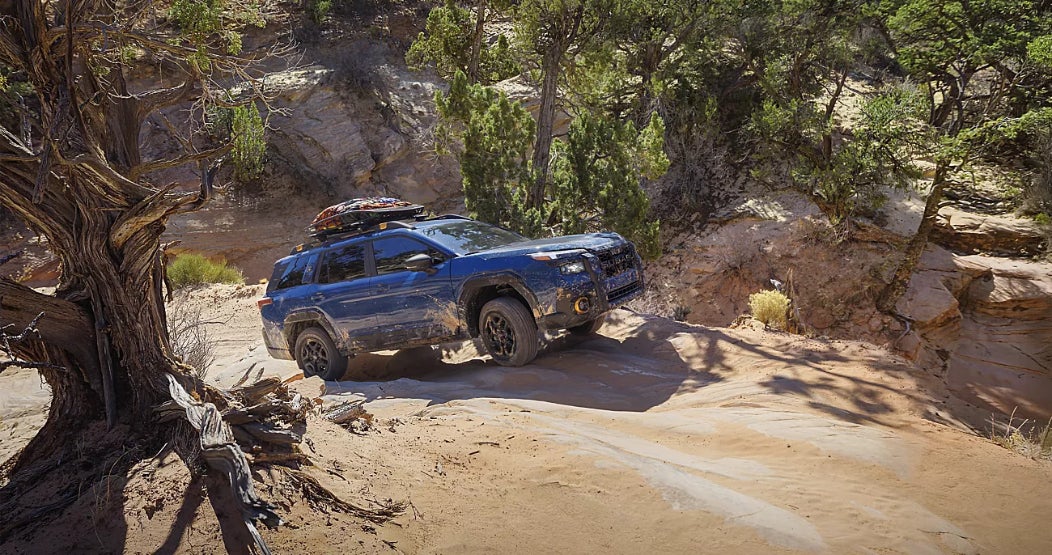 A blue Subaru Outback driving off-road through a desert.